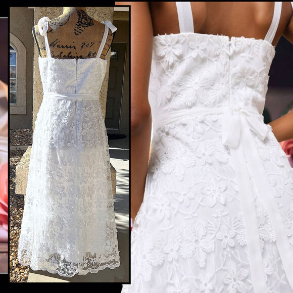 Lulus Striking Perfection White Embroidered Sequins Tie-Strap Midi Dress Size: L - Picture 4 of 14